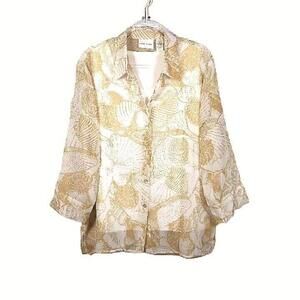 Alfred Dunner Beige White Sea Shells Tank Crinkle Button Down Blouse Top 14  XL